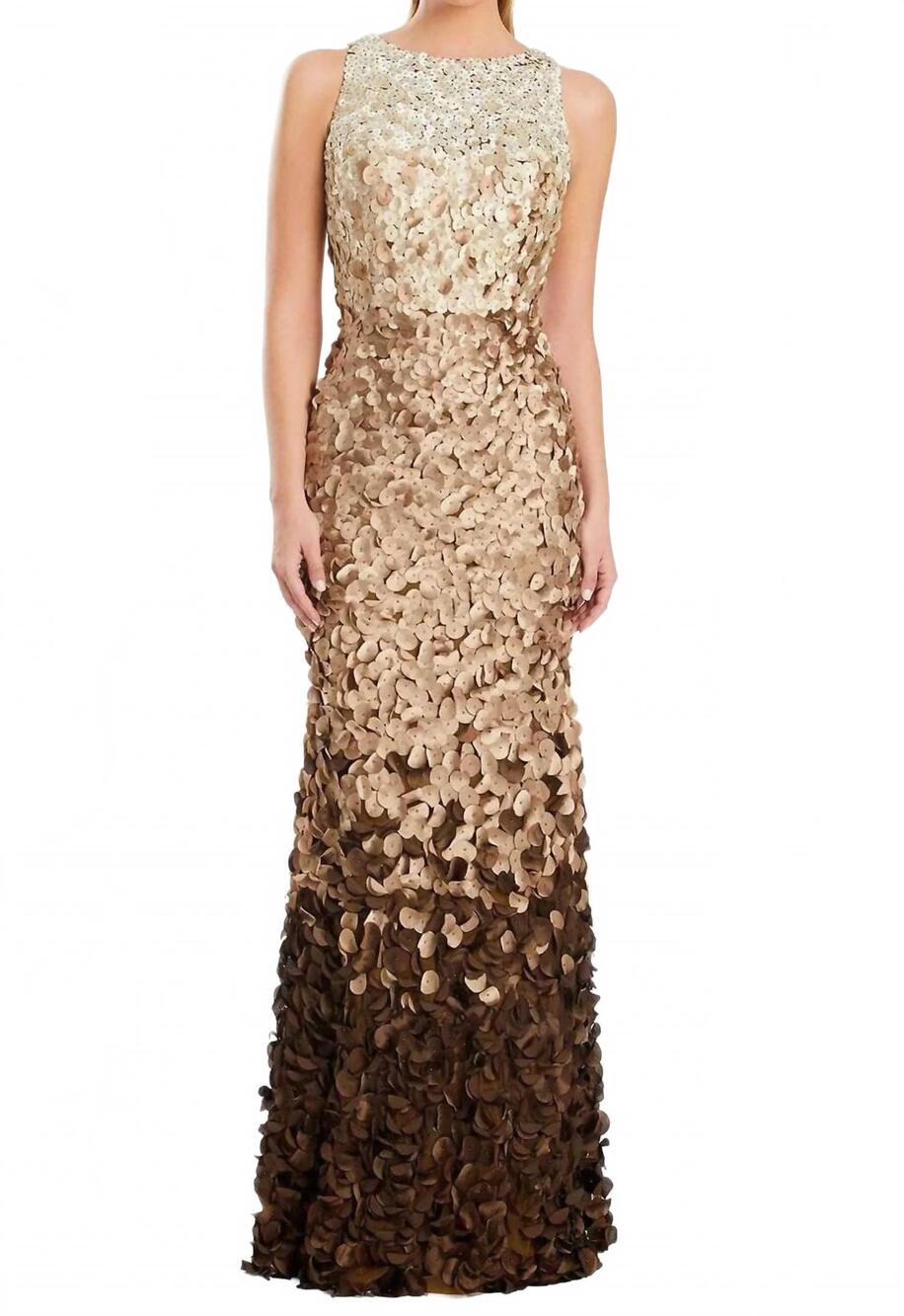 NEW ALEXANDER BY DAYMOR ombre applique jewel neck gown in fros mocha multi